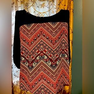 JKLA CALIFORNIA BLUE MAROON IVORY ORIENTAL RUG MIXED MEDIA KNIT BLOUSE XL